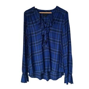 Sanctuary Blue Checkered Blouse with Ruffle Front, Large